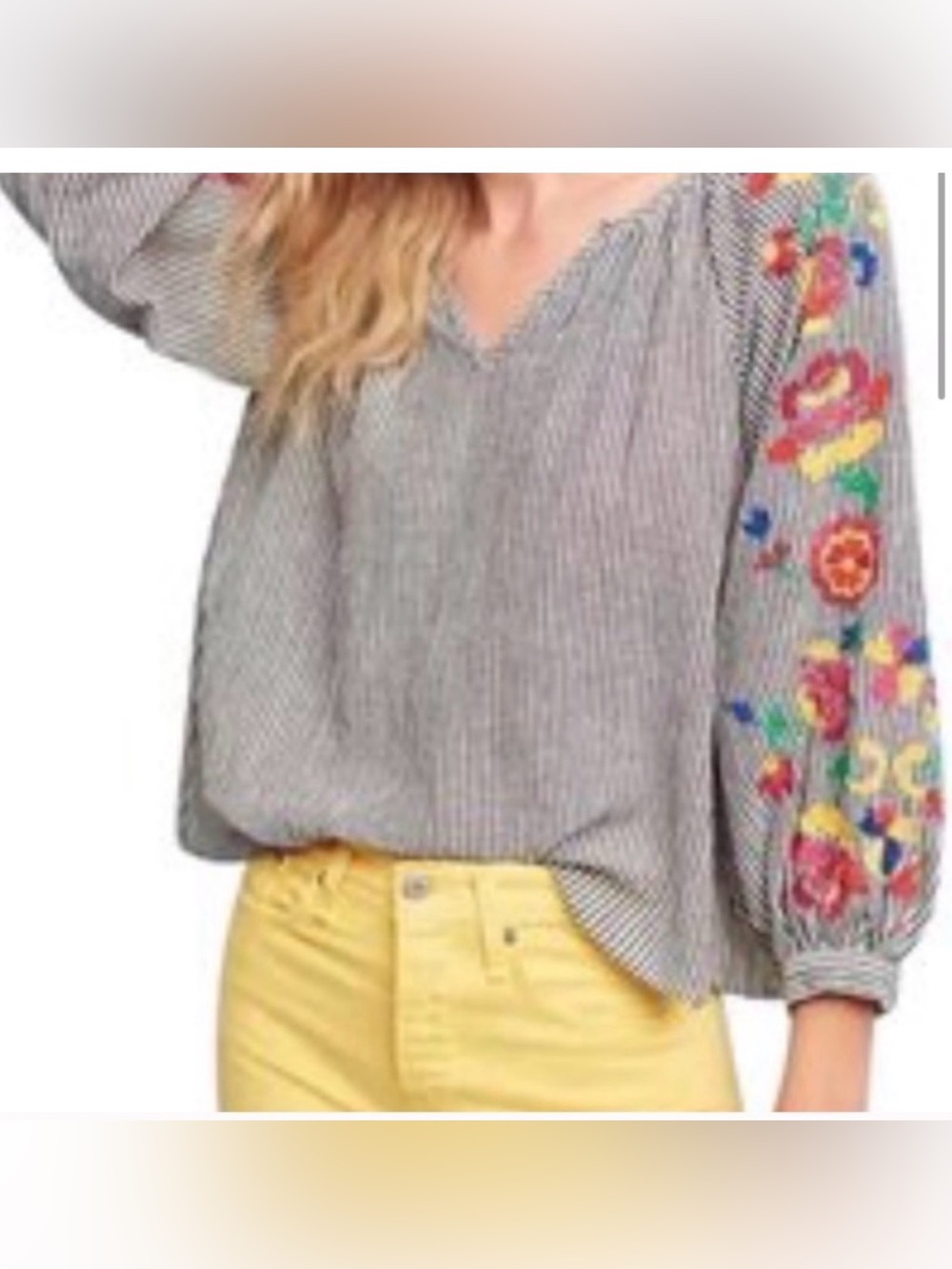 Floreat Anthropologie Embroidered Peasant Blouse Stripe XL Floral Tassel Boho